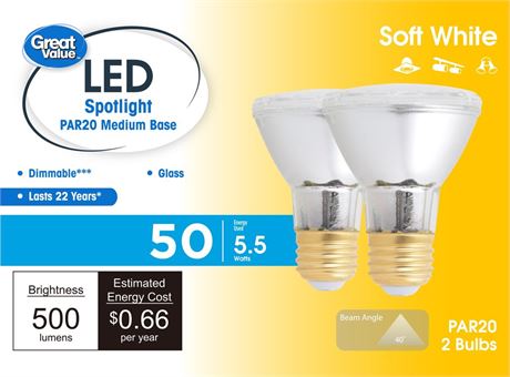 Great Value PAR20 LED Indoor Dimmable Floodlight Bulb, 5.5W (50W Equiv.), E26