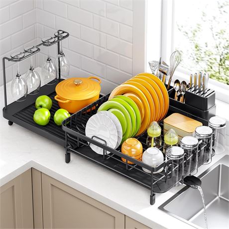 Urackify Expandable Dish Drying Rack for Kitchen Counter, Large Extendable Dish