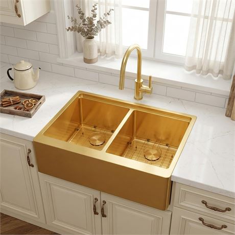 MILOSEN 28 Inch Gold Farmhouse Kitchen Sink - 50/50 Gold Double Bowl Apron