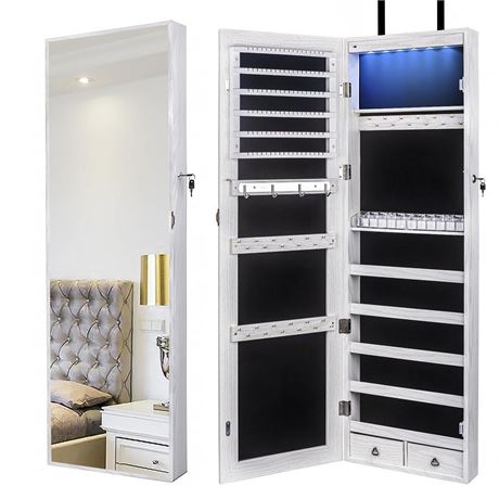 47" H Jewelry Armoire Full Length Mirror Cabinet Storage Organizer w/LED Light