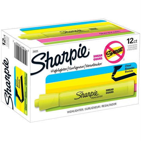 SHARPIE Tank Style Highlighters, Chisel Tip, Fluorescent Yellow, Box of 12