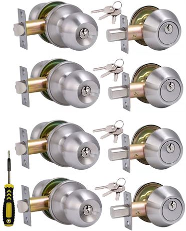 Lanwandeng (4 Sets) All Keyed Same Entry Door Knob and Single Cylinder Deadbolt