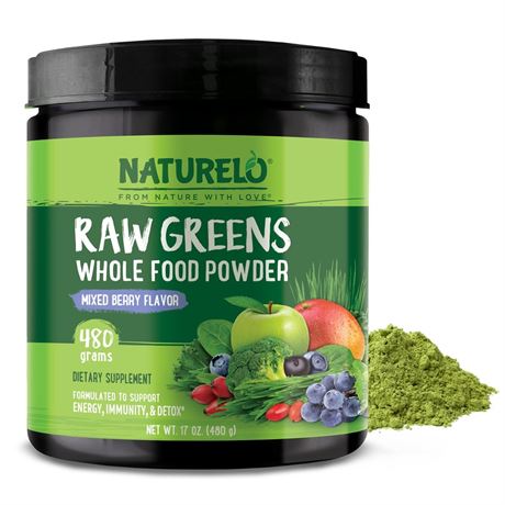 NATURELO Raw Greens Superfood Powder 480 Grams, Mixed Berry - Supports Energy,