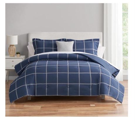 Mainstays Navy Windowpane 10 Piece Bed in a Bag Comforter Set with Sheets, Full