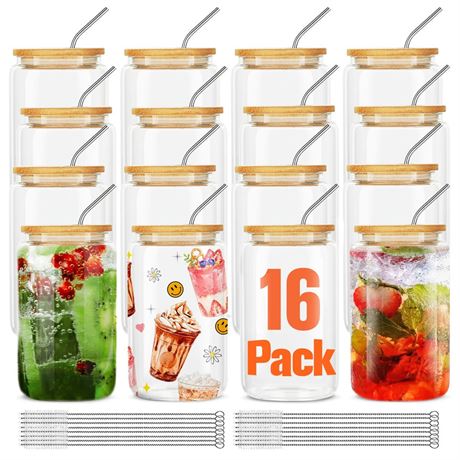 16Pcs Glass Cups With Bamboo Lids and Straws,16Oz Ice Coffee Cup,Drinking