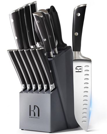 KnifeSaga Premium Knife Set 15 Pcs Quality Kitchen Knife Set with Block,