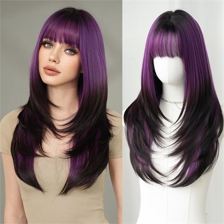 7JHH WIGS Long Straight Purple Synthetic Wig with Bangs 25inch Layered Hair