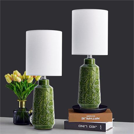 18”Ceramic Table Lamp Green Nightstand Pottery Lamp Set of 2 with White Shade