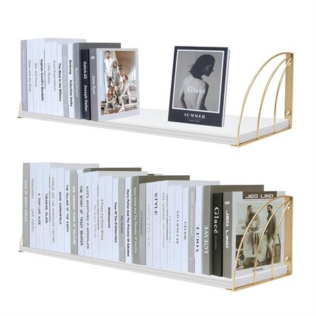 Gold White Shelves Pine Wood 23.5×7.87 Inch Book Shelf for Wall with Elegant