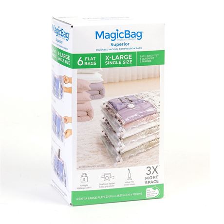 MagicBag X-Large Vacuum Storage Bags, 6 Pack Flat Compression Bags for Bedding,