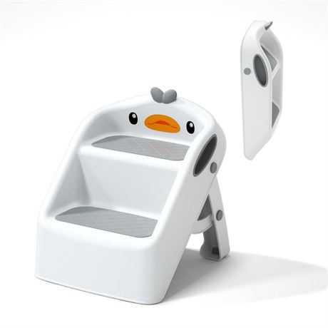 Toddler Step Stool, White & Grey, Foldable 2 Step Stool for Kids Bathroom Sink