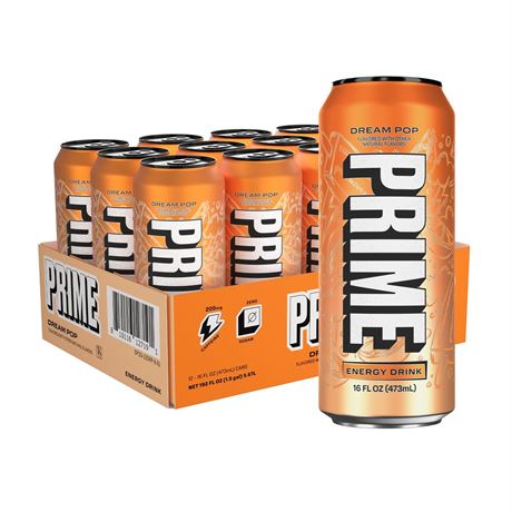 Prime Sugar Free Energy Drink, Dream Pop, 16 fl oz, 12 Pack, Cans, 200mg