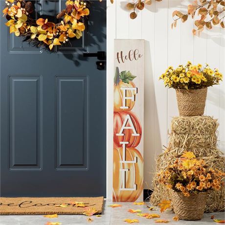 Glitzhome 42"H Wooden Hello Fall Porch Sign, Large Vertical Rustic Fall Harvest