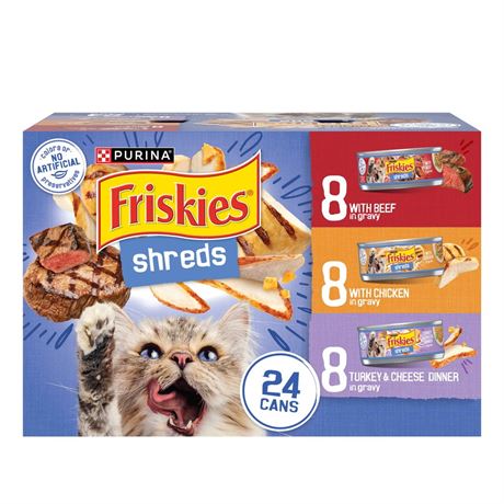 Purina Friskies Gravy Shreds, Beef, Chicken, Turkey and Cheese, Wet Cat Food,