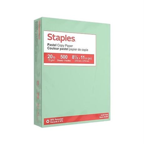 Staples 30% Recycled Pastel Coloured Copy Paper - Letter - 8-1/2" X 11" - Green