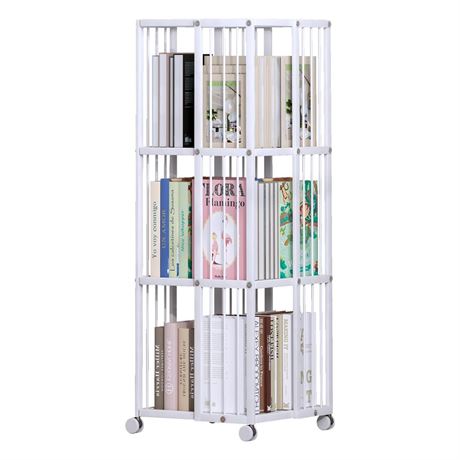 Rotating Bookcase White 3 Tiers Metal Large Capacity Bookshelf, 360°Cubic for