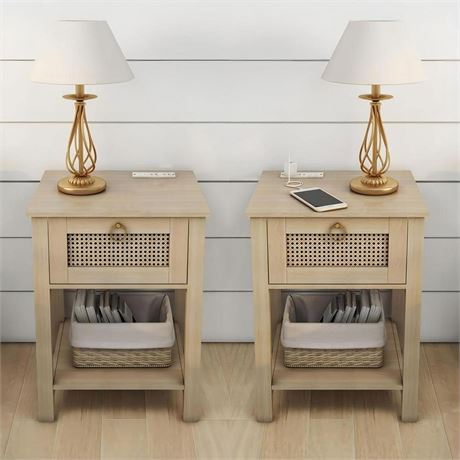 Rattan Nightstand Set of 2, Farmhouse Night Stands with Charging Station