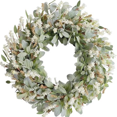 24 Inch Summer Spring Ivory Flowers Wreath for Front Door, Everyday Lamb Ears