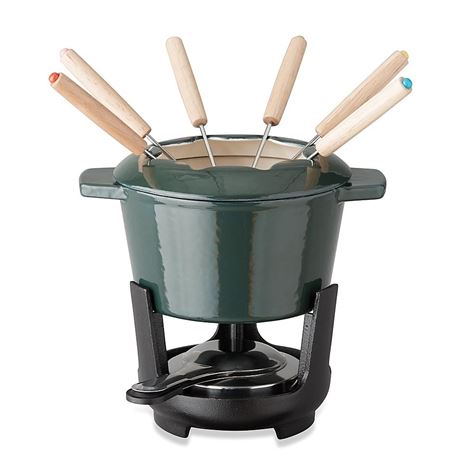 13-Piece Enameled Cast Iron Fondue Pot Set in Sycamore