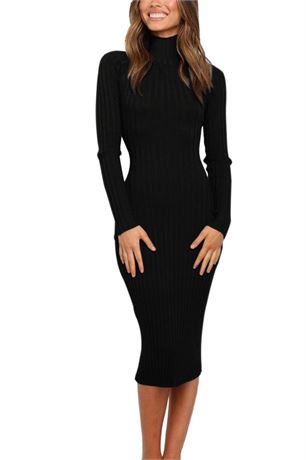 MEROKEETY Women's 2024 Ribbed Long Sleeve Sweater Dress High Neck Slim Fit