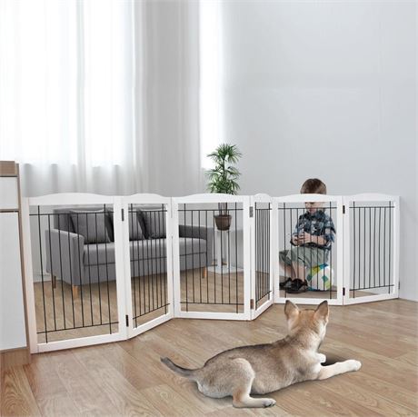 Freestanding Foldable Dog Gate Wooden Extra Wide White Puppy Gate 6 Panels Tall