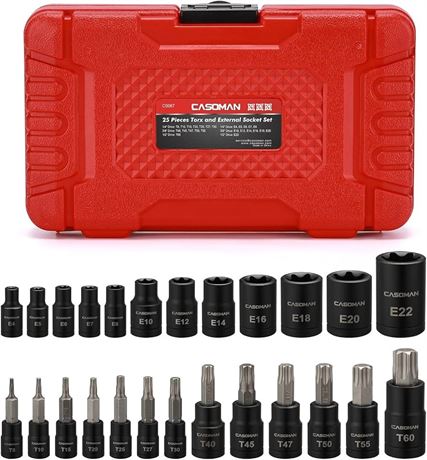CASOMAN 25 Piece Torx Bit Socket and External Socket Set, 13 Star Socket Bits