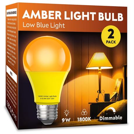 Amber Sleep Light Bulb 2 Pack，Dimmable 1800K Warm Light Bulbs for Healthy