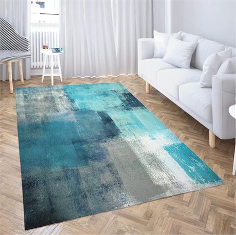 LOKMU Non-Slip Area Rugs Turquoise and Grey Abstract Art Home Decor Rugs Carpet