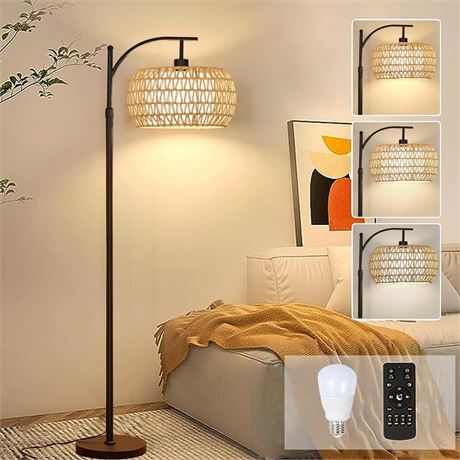 Arc Floor Lamps for Living Room Rattan Boho Floor Lamp with Remote