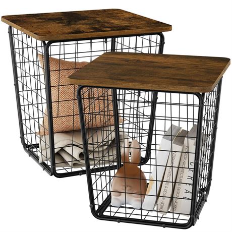 Nesting Coffee Table with Storage - Set of 2 Side with Wire Basket Industrial