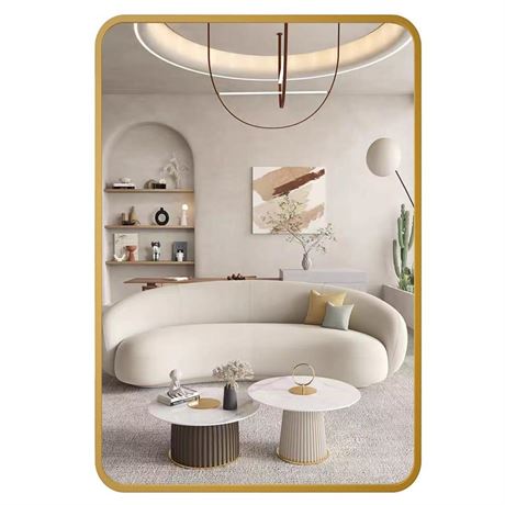 Mesida Gold Squared Deep Set Metal Round Frame Mirror Contemporary Brushed