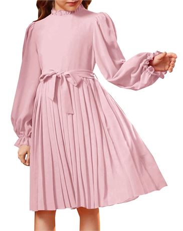 YOVION Girls Fall Long Sleeve Dress High Waist Pleated A-Line Party Casual Midi