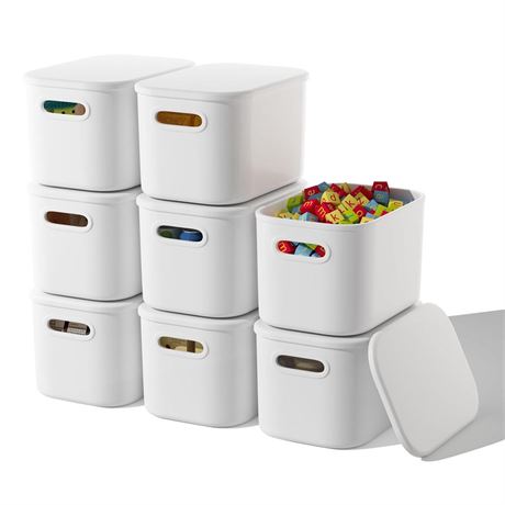 8 Pack White Storage Bins with Lids Stackable Storage Container for Organizing,