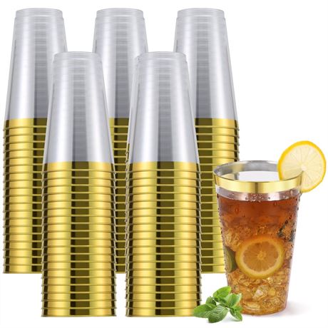 YOUTHSHIP 100 Pcs 16 Oz Disposable Plastic Gold Rimmed Elegant Cups for
