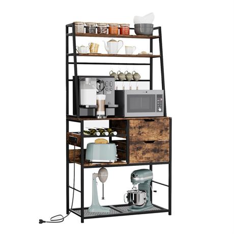 Bakers Rack with Power Outlet, 32 Inch Coffee Bar with Wine Rack, Bakers Rack