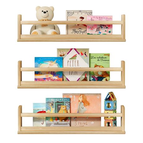 Natural Wood Wall Bookshelf for Kids Bedroom Set of 3, 24 Inch Wooden Floating