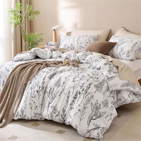 JANZAA 3pcs White Comforter Set, Soft Microfiber Bedding Plant Flowers Printed