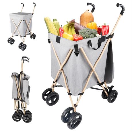 Shopping Cart with Wheels, Grocery Cart with Removable Canvas with Cover,360°