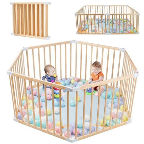 Foldable Baby Playpen for Toddlers, Expandable Wooden Play Fence, Large Wood