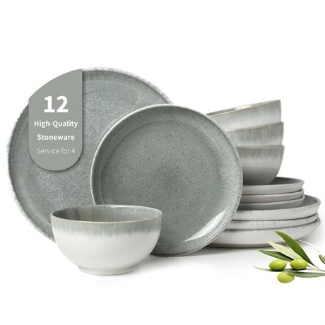 Pokini Gradient Green Stoneware Dinnerware Sets, 12 pcs Reactive Glaze Plates