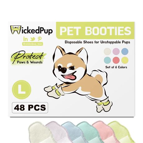 WickedPup Disposable Pet Booties for Dogs & Cats, Set of 6 Colors, 48ct, L (for