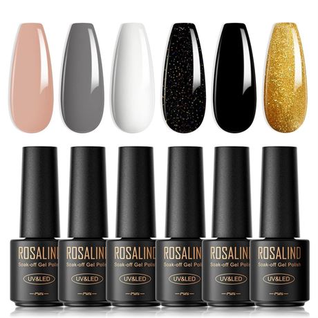 ROSALIND Black White Gel Nail Polish Set, 6 PCS Gold Black Glitter Colors Gel