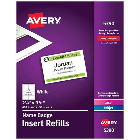 Avery Customizable Name Badge Inserts, 2.25" x 3.5", White, 400 Printable Name