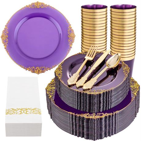 Nervure 350PCS Purple Plastic Plates - Purple Plastic Dinnerware Sets for 50