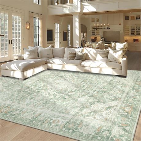 Area Rug 9x12 Living Room Rug, Soft Vintage Washable Rug with Anti-Skid Backing