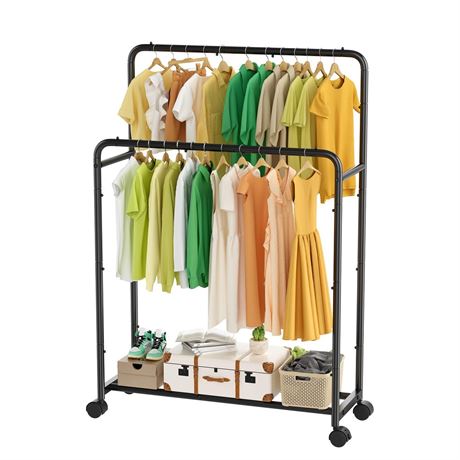 Simple Trending Clothing Clothes Rack Double Rods with Wheels, Rolling Metal