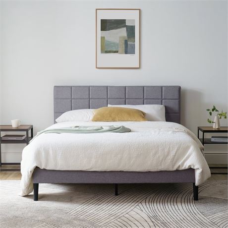 Mainstays Gray Upholstered Square Tufted Platform Bed, No Box Spring Needed,