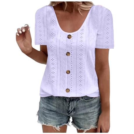 Breathable Eyelet Shirts for Women Casual Scoop Neck Short Sleeve Tops Summer