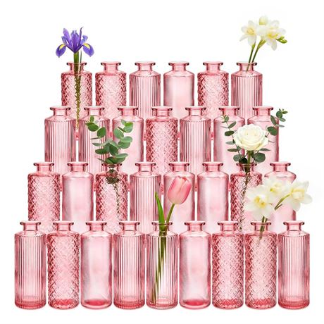 Glass Bud Vases Set of 30, Small Pink Flower Vases for Centerpieces in Bulk,