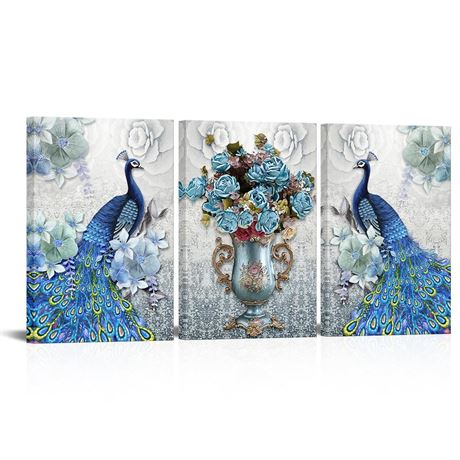 DekHome 3 Pieces Blue Peacock Canvas Wall Art Elegant Flower Bouquet Vase